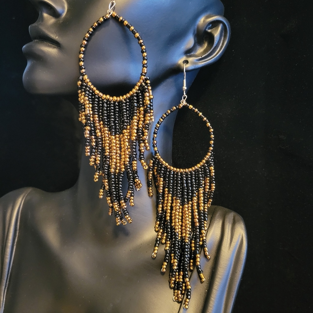 Bronze & Black Beaded Statement Earrings - Picture 4 of 4